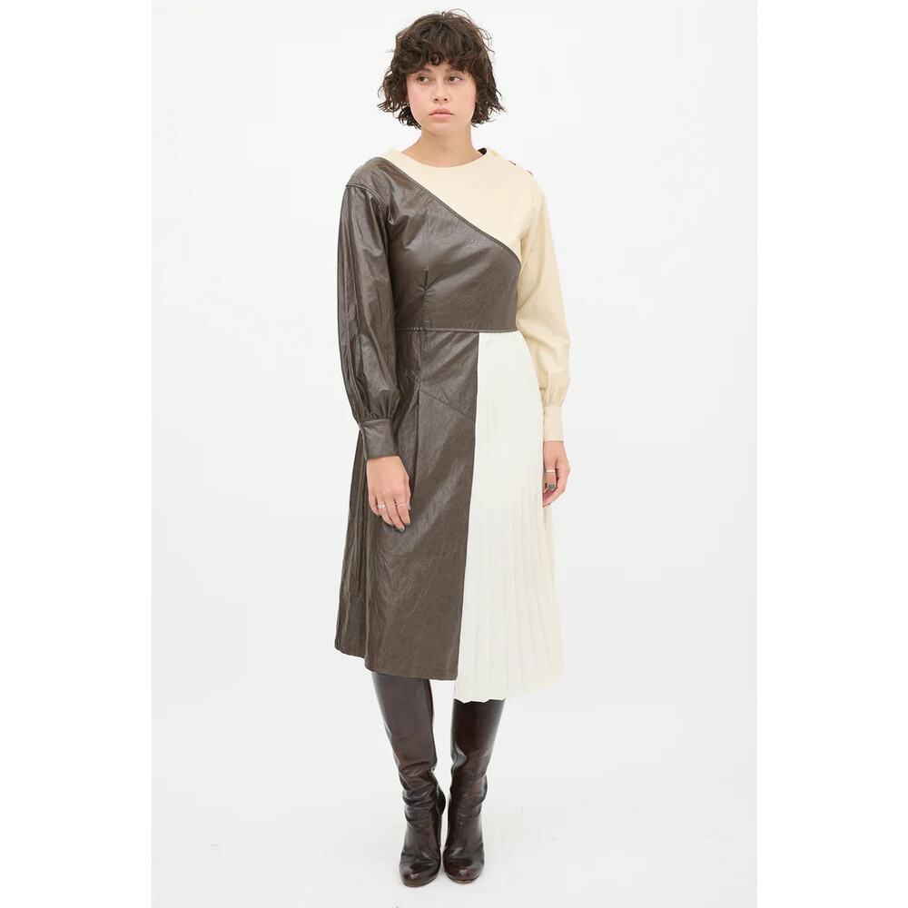 Andersson Bell Faux Leather Pleated A-Line Midi Dress Womens Small Brown Cream